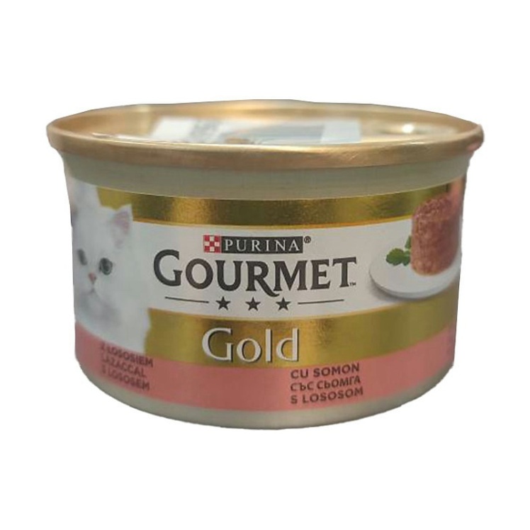 عکس محتویات کنسرو غذای گربه گورمت مدل Gold Salmon Savoury Cake وزن ۸۵ گرم