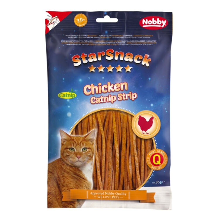 تصویر تشويقي نواری گربه نوبی با طعم مرغ و كتنيپ Nobby Chicken Catnip Strip وزن 200 گرم از نمای رو به رو
