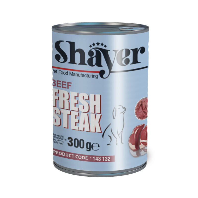  تصویر کنسرو غذای سگ استیک شایر با طعم گوشت Shayer Fresh Steak Beef وزن 300 گرم از نمای رو به رو 