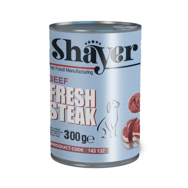 تصویر کنسرو غذای سگ استیک شایر با طعم گوشت Shayer Fresh Steak Beef وزن 300 گرم از نمای رو به رو