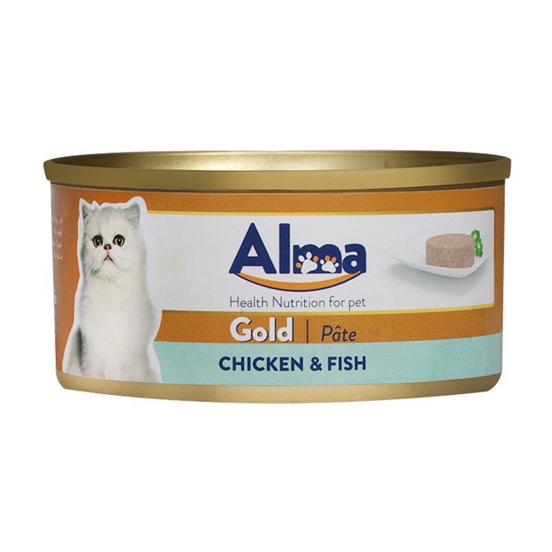  عکس تبلیغاتی بسته بندی کنسرو غذای گربه آلما مدل Gold Chicken & Fish وزن 120 گرم 