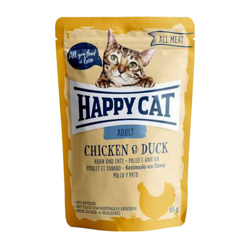  عکس بسته بندی پوچ گربه هپی کت مدل Adult Chicken & Duck وزن ۸۵ گرم 