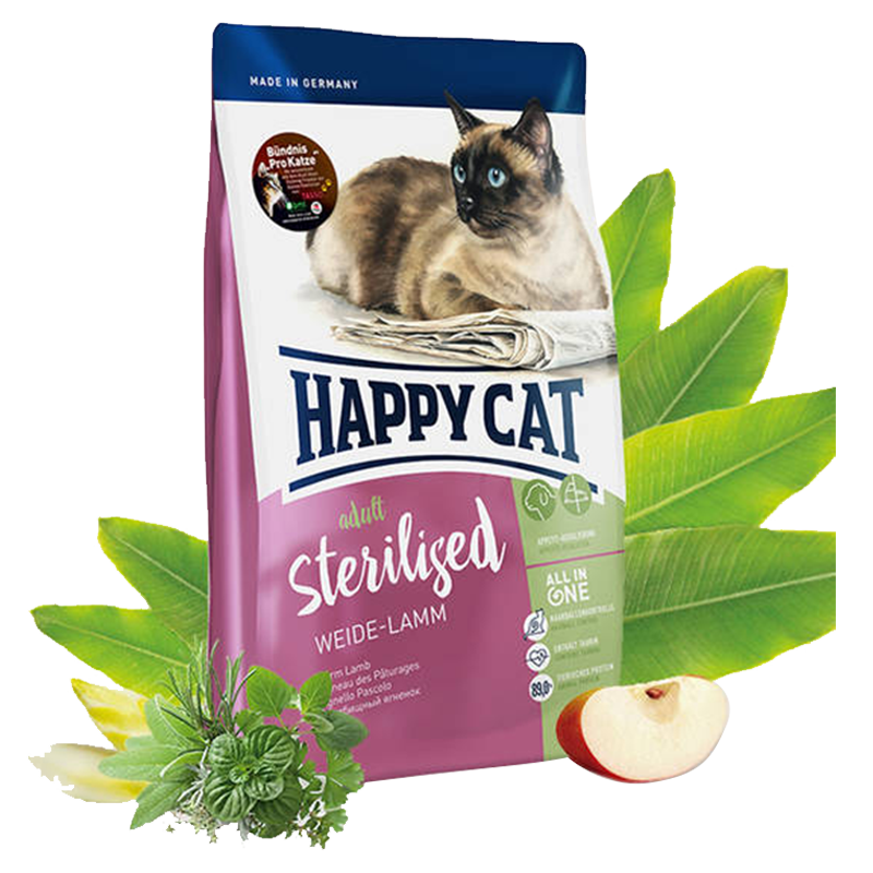  عکس تبلیغاتی بسته بندی غذای خشک گربه هپی کت مدل Adult Sterilised Weide-Lamm وزن 10 کیلوگرم 