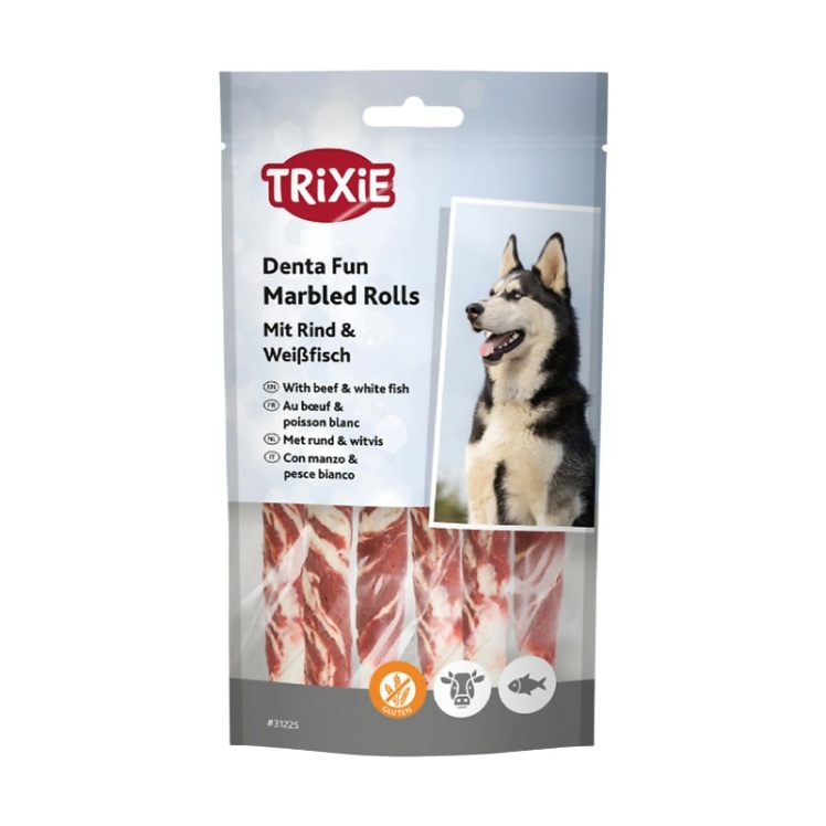 تصویر تشویقی سگ رولی تریکسی با طعم گوشت گاو و ماهی Trixie Denta Fun Beef & Fish Chewing Rolls وزن 70 گرم