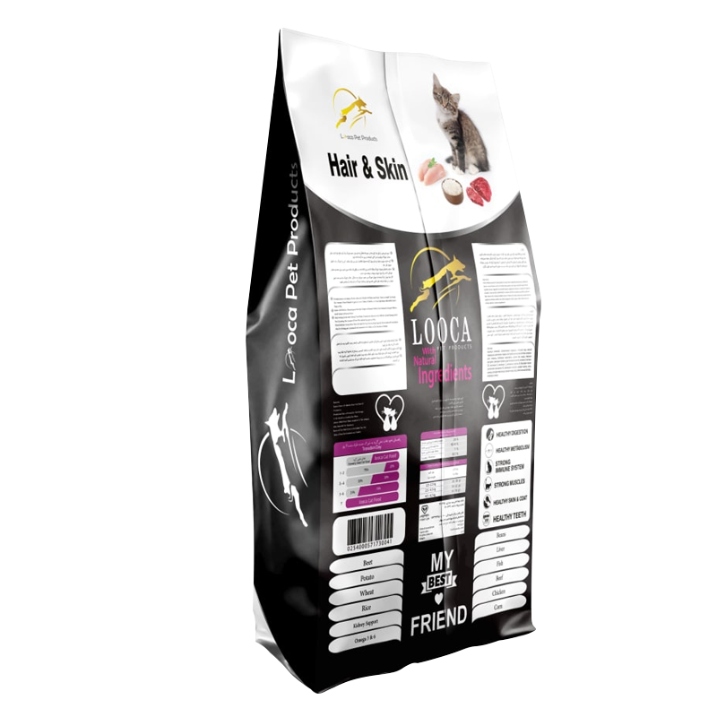  عکس پشت بسته بندی غذای خشک گربه لوکا مدل Hair & Skin وزن 2 کیلوگرم 