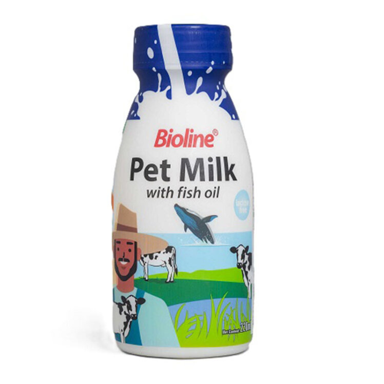 عکس شیر بدون لاکتوز حیوانات خانگی بایولاین با روغن ماهی Bioline Pet Milk With Fish Oil حجم 220 میلی‌لیتر