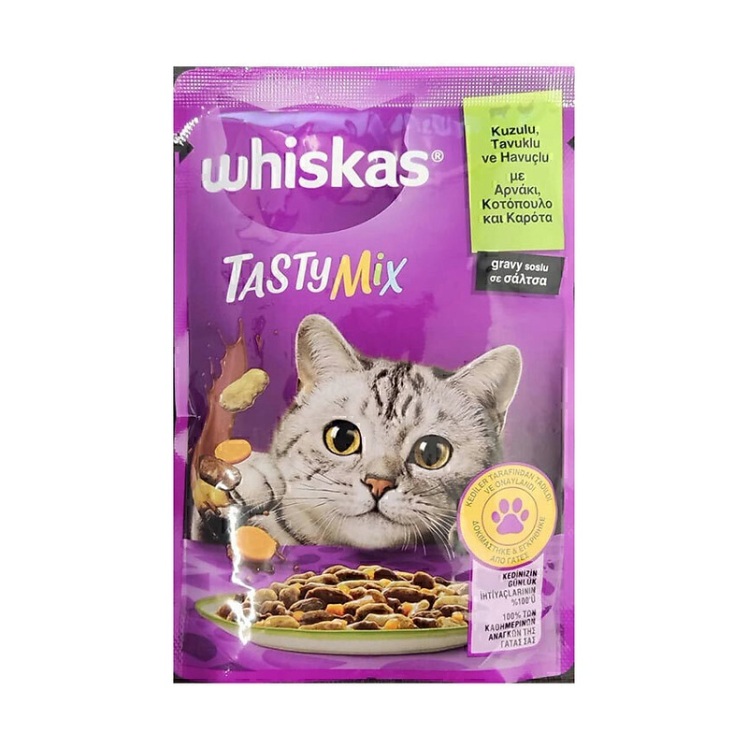 عکس پوچ گربه ویسکاس با طعم میکس بره و مرغ در سس Whiskas Tasty Mix With Lamb & Chicken in Gravy وزن 85 گرم از نمای پشت