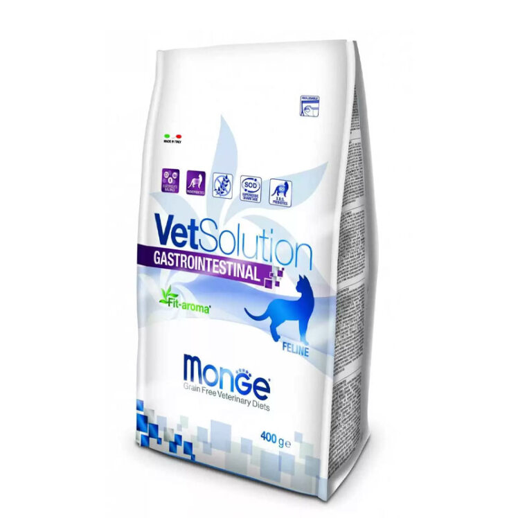 تصویر بسته بندی غذای خشک درمانی مونژ برای گربههای دارای مشکلات گوارشی Monge Gastrointestinal Cat Food وزن 400 گرم