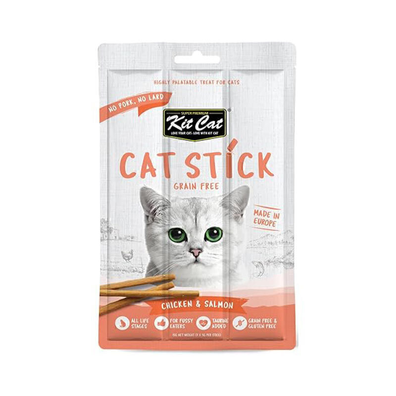  عکس تشویقی مدادی گربه کیت کت با طعم مرغ و ماهی سالمون Kit Cat Cat Sticks With Chicken & Salmon وزن 15 گرم 