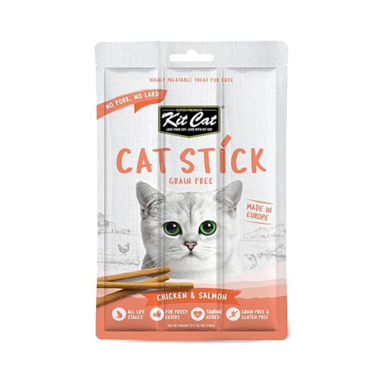عکس تشویقی مدادی گربه کیت کت با طعم مرغ و ماهی سالمون Kit Cat Cat Sticks With Chicken & Salmon وزن 15 گرم
