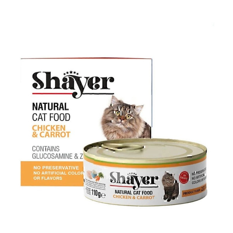 تصویر 2 جزئیات کنسرو غذای گربه شایر با طعم مرغ و هویج Shayer Natural With Chicken & Carrot در سس گوشت وزن 110 گرم