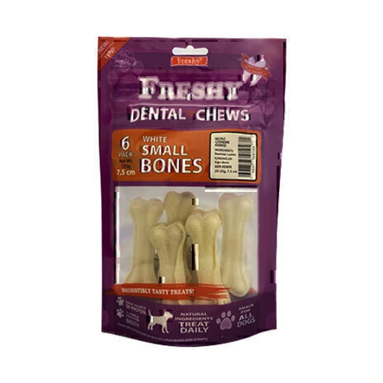 استخوان تشویقی دنتال سگ فرشی Freshy Dental White Small Bones بسته 6 عددی از نمای رو به رو
