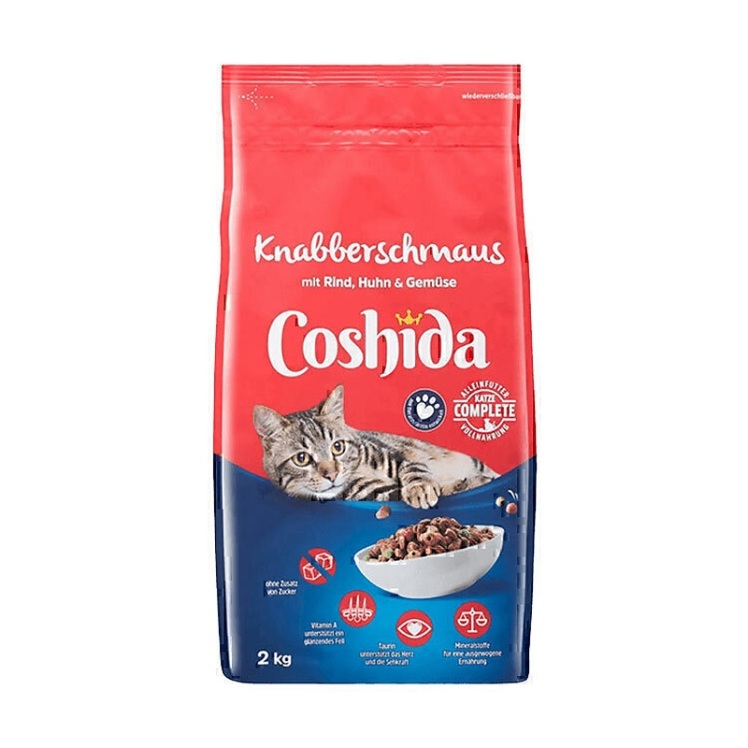 تصویر محتویات غذای خشک گربه کوشیدا با طعم گوشت گاو، مرغ و سبزیجات Coshida Snacks with beef, chicken & vegetables وزن 2 ک