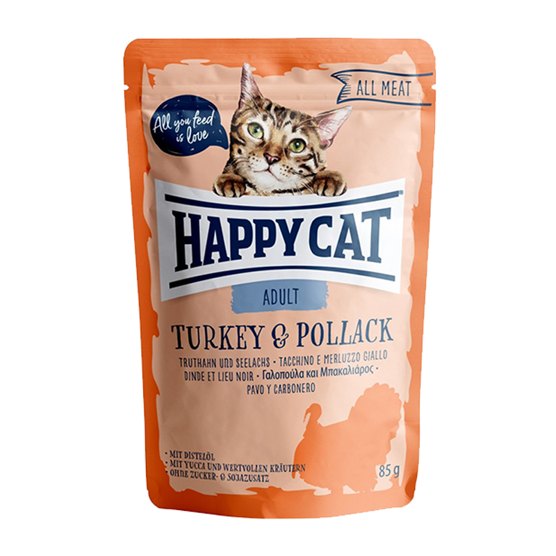  عکس بسته بندی پوچ گربه هپی کت مدل Adult Turkey & Pollack وزن ۸۵ گرم 