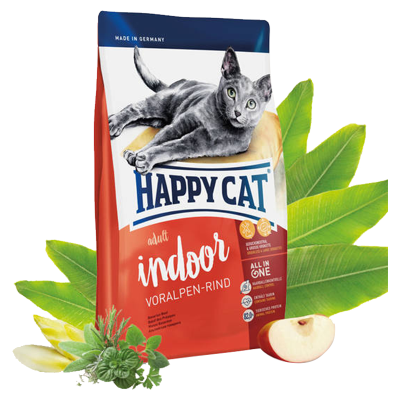  عکس تبلیغاتی بسته بندی غذای خشک گربه هپی کت مدل Adult Indoor Voralpen-Rind وزن 10 کیلوگرم 