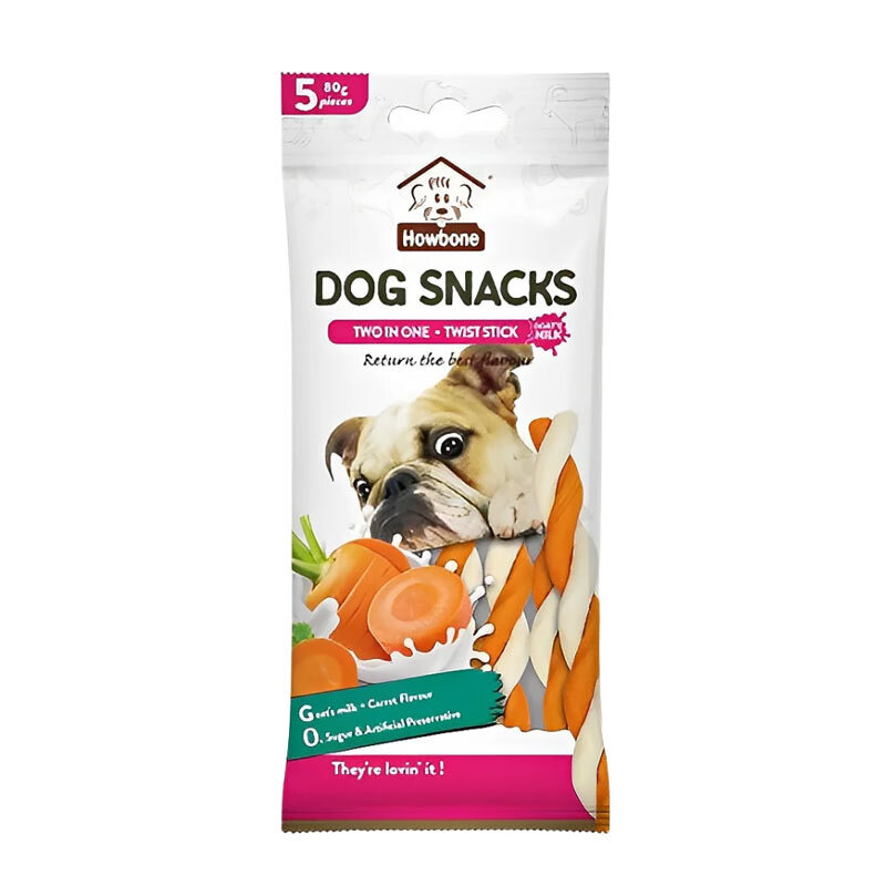  تصویر اسنک تشویقی پیچی سگ هابون با طعم شیر بُز و هویج Howbone Dog Twist Snacks With Goat's Milk And Carrot بسته 5 عددی 