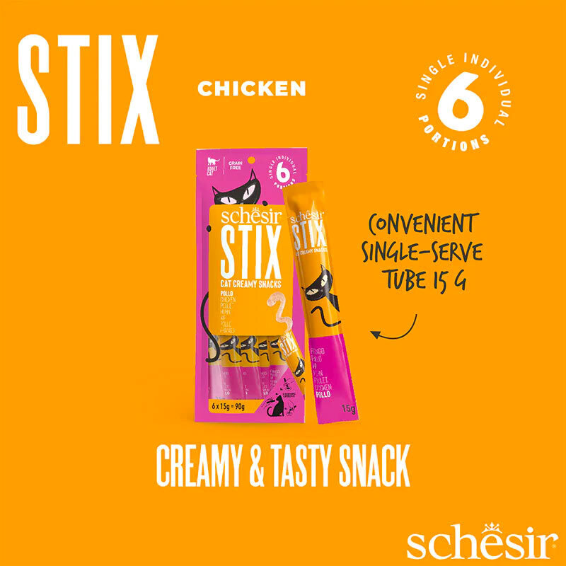  تصویر بسته بندی بستنی گربه شسیر با طعم مرغ Schesir Stix Chicken Flavour Cream Snacks بسته 6 عددی 