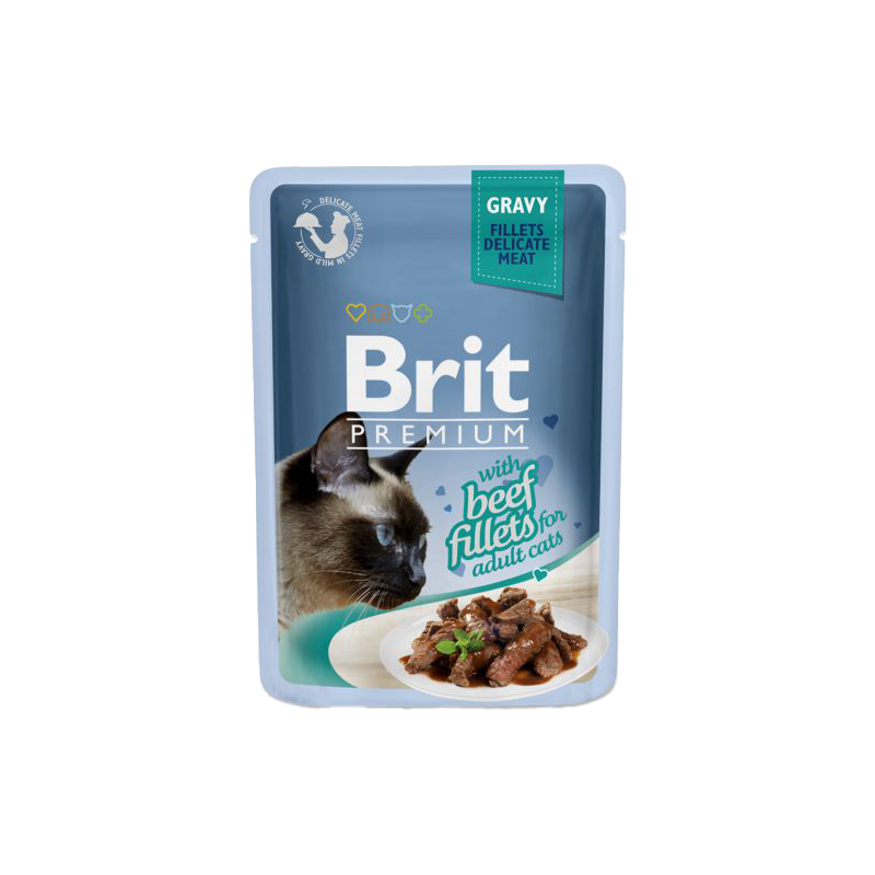  پوچ گربه بریت با طعم گوشت گاو Brit Premium Adult Beef Fillets In Gravy وزن 85 گرم 
