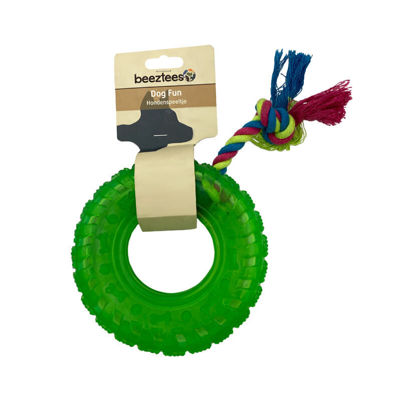  عکس اسباب بازی حلقه ای دندانی سگ بیزتیس Beeztees Dog Fun رنگ سبز با یک طناب کوتاه کنفی رنگی 