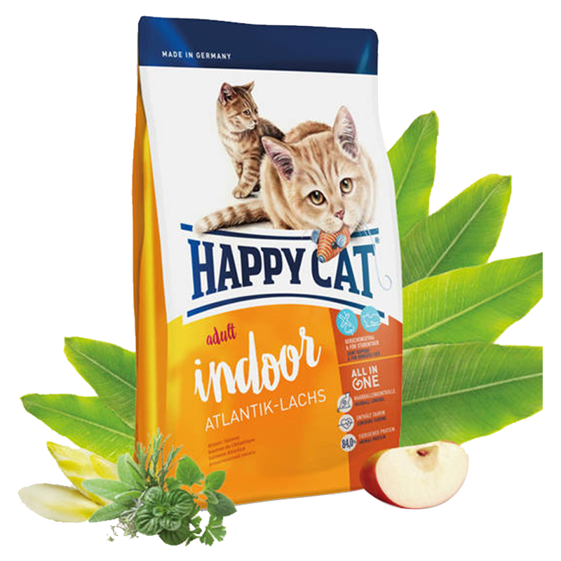  عکس تبلیغاتی بسته بندی غذای خشک گربه هپی کت مدل Adult Indoor Atlantik-Lachs وزن 10 کیلوگرم 