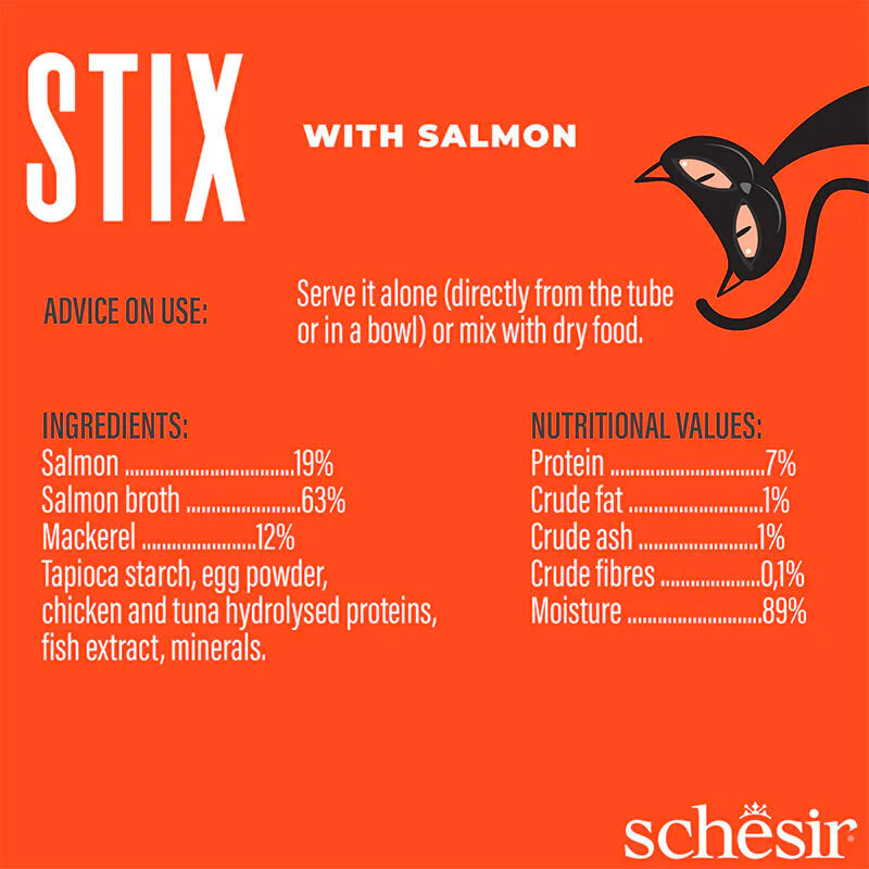  تصویر ترکیبات بستنی گربه شسیر با طعم ماهی سالمون Schesir Stix Salmon Flavour Cream Snacks بسته 6 عددی 