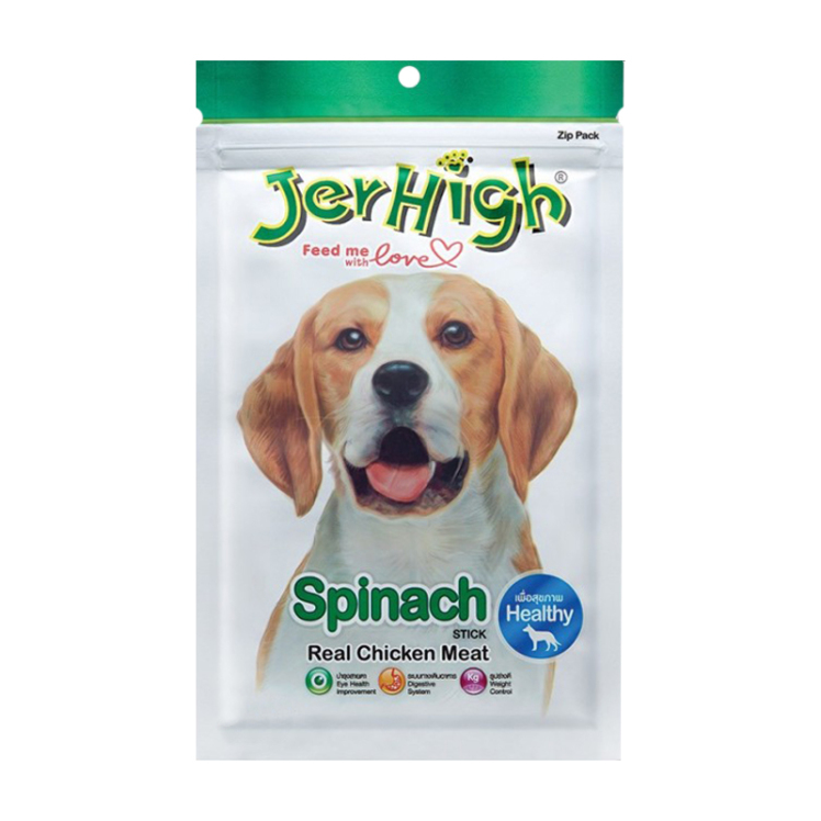 تصویر تشویقی سگ جرهای با طعم اسفناج Jerhigh Chicken Sticks Spinach وزن 60 گرم
