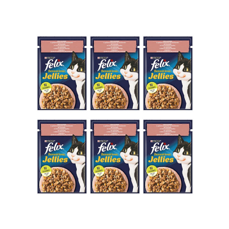 تصویر پوچ گربه فلیکس با طعم ماهی سالمون و میگو در ژله Felix Sensation Salmon in Shrimp flavored Jelly وزن 85 گرم