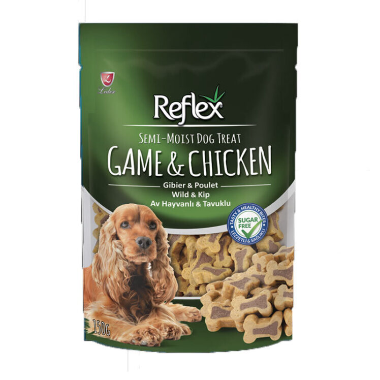 تصویر تشویقی سگ با طعم مرغ و گوشت شکار رفلکس Reflex Game & Chicken وزن 150 گرم
