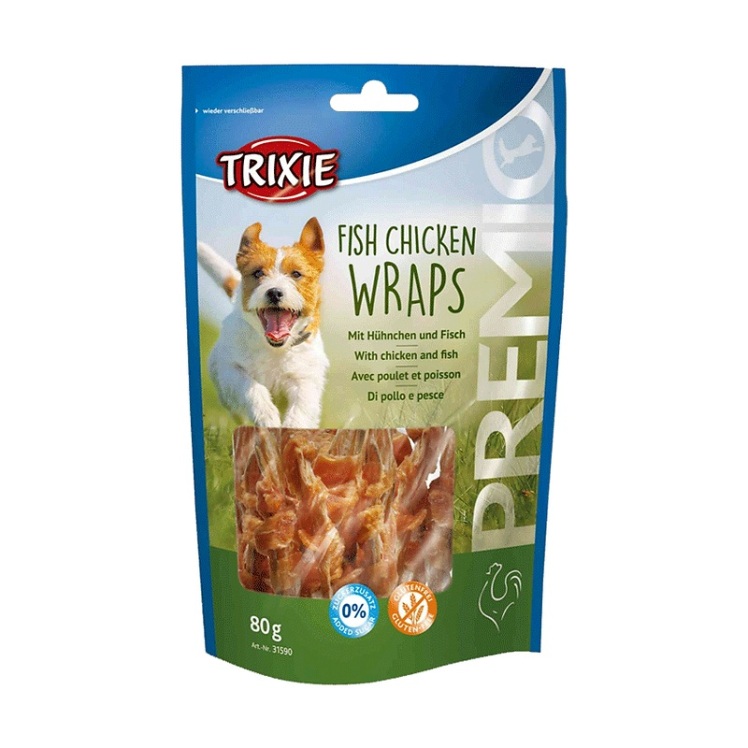 تصویر محتویات تشویقی سگ تریکسی با طعم مرغ و ماهی Trixie Fish Chicken Wraps وزن 100 گرم