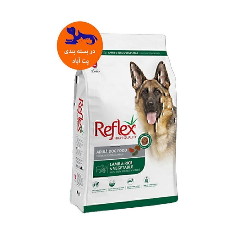 تصویر محتویات غذای خشک سگ بالغ با طعم گوشت بره، برنج و سبزیجات رفلکس Reflex Adult Lamb & Rice & Vegetable وزن 1 کیلوگرم