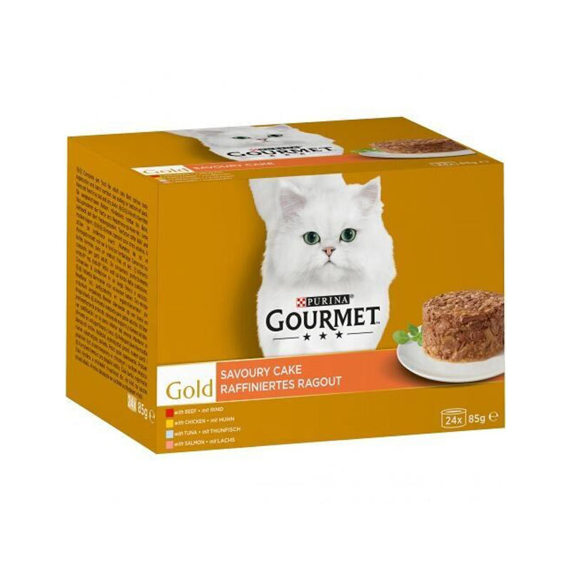  تصویر کنسرو غذای گربه گورمت با 4 طعم متفاوت Gourmet Gold Savoury Cake بسته 24 عددی 