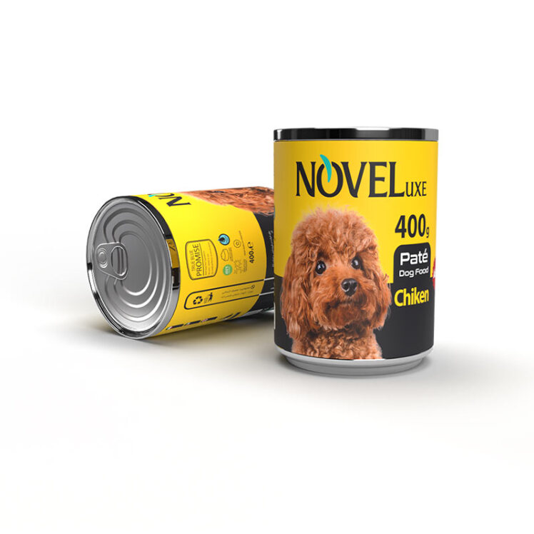 عکس بسته بندی جدید کنسرو غذای سگ نوول با طعم مرغ Novel Pate With Chicken وزن 400 گرم از نمای جلو