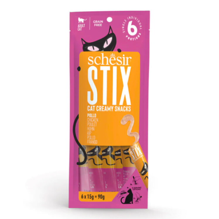 تصویر بستنی گربه شسیر با طعم مرغ Schesir Stix Chicken Flavour Cream Snacks بسته 6 عددی از نمای رو به رو