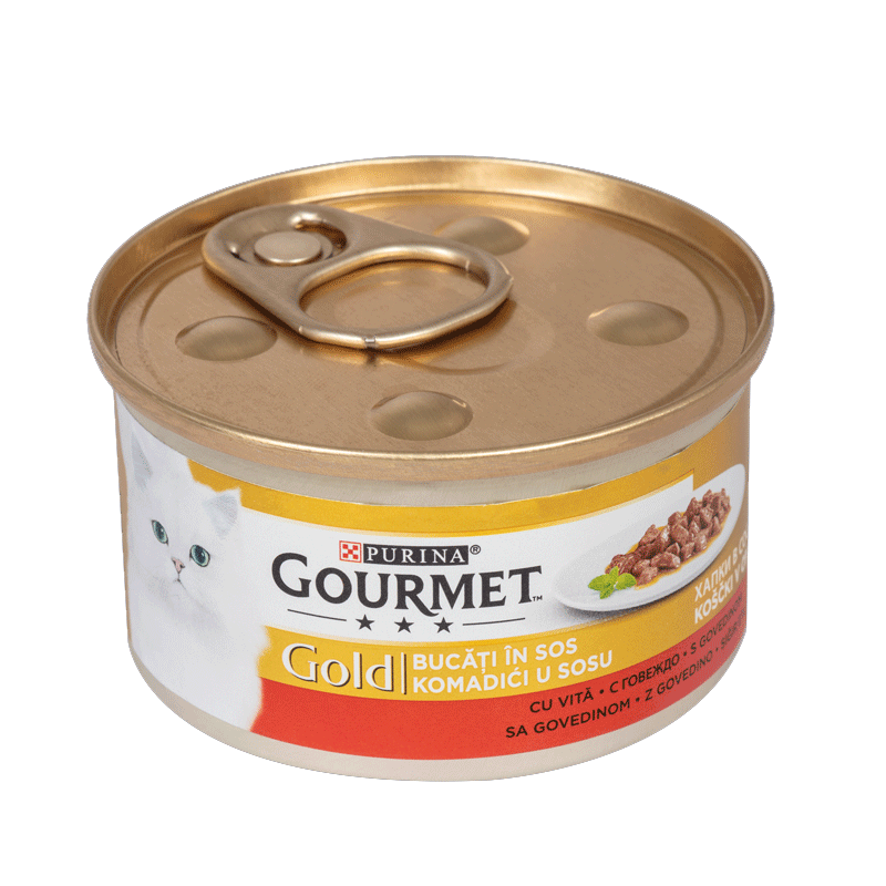  تصویر نمای بالا کنسرو غذای گربه گورمت مدل Gold Beef وزن ۸۵ گرم 
