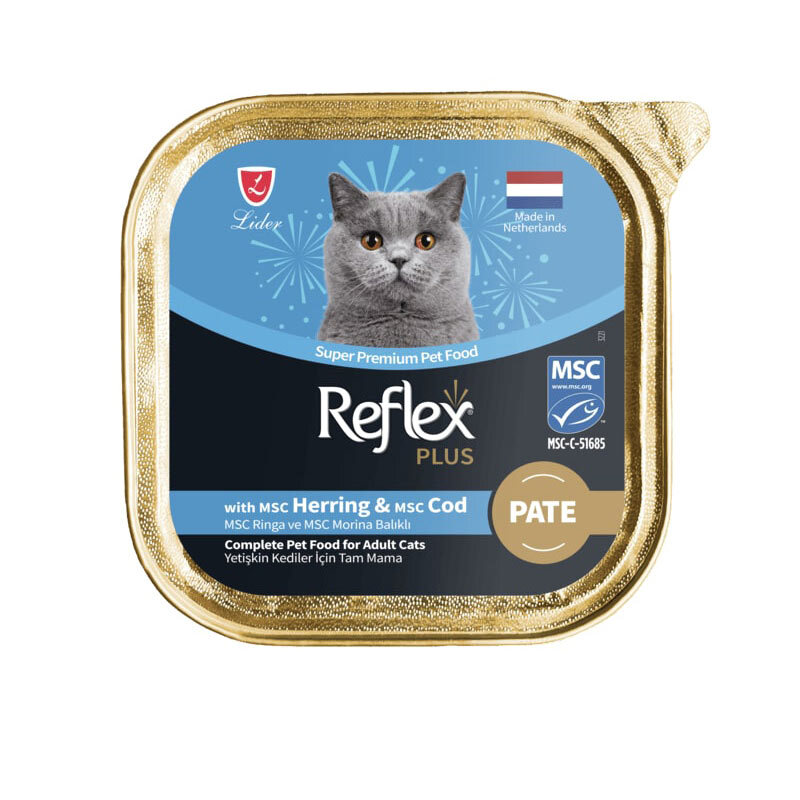  عکس ووم گربه رفلکس پلاس با طعم شاه ماهی و ماهی کاد Reflex Plus Cat Food With Herring & Cod وزن ۸۵ گرم 