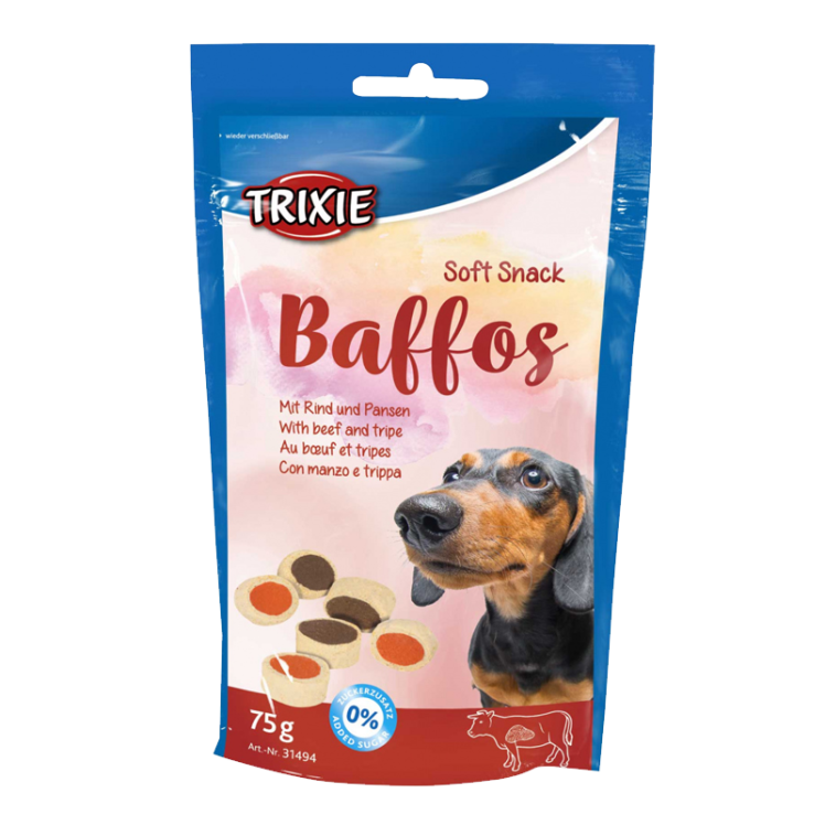 عکس بسته بندی تشویقی سگ تریکسی مدل Baffos با طعم گوشت و سیرابی وزن 75 گرم