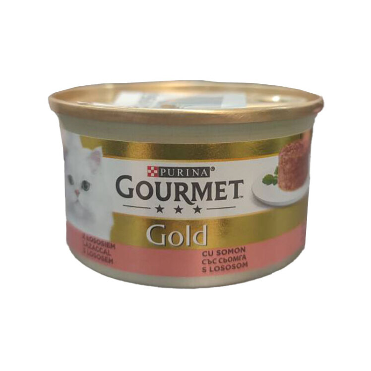 عکس محتویات کنسرو غذای گربه گورمت مدل Gold Salmon Savoury Cake وزن ۸۵ گرم