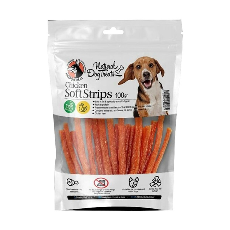 عکس محصول تشویقی سگ هاپومیل مدل Chicken Soft Strips وزن 100 گرم
