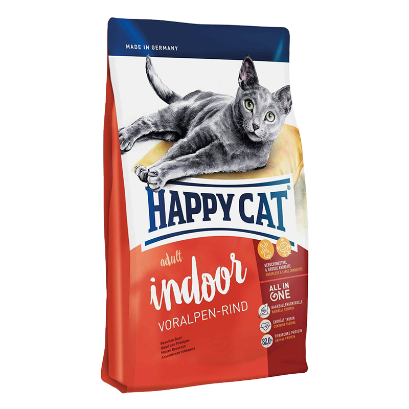  عکس بسته بندی غذای خشک گربه هپی کت مدل Adult Indoor Voralpen-Rind وزن 4 کیلوگرم 