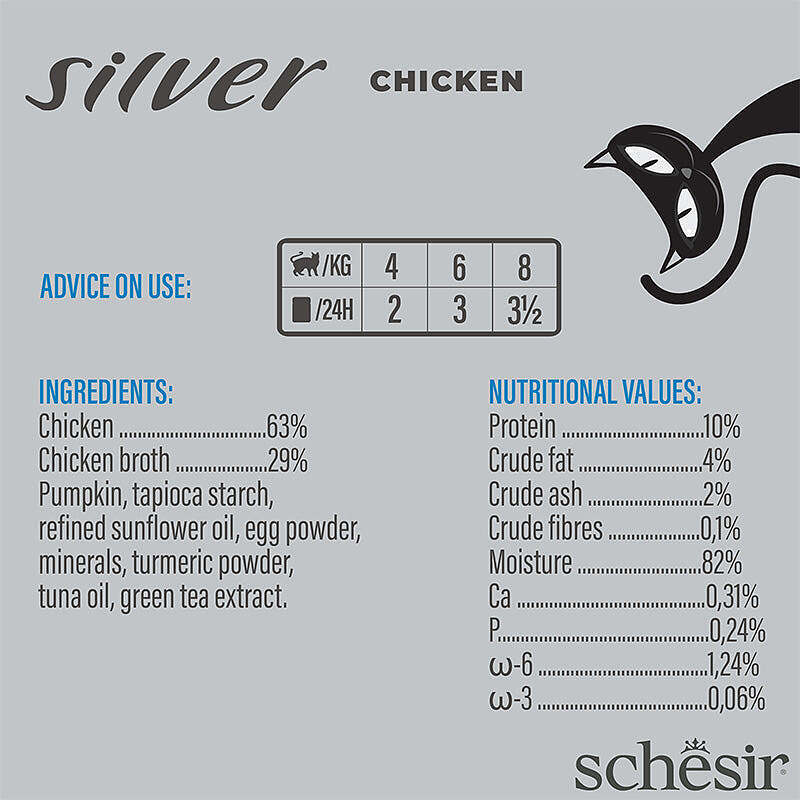  عکس توضیحات پوچ گربه سیلور شسیر با طعم مرغ Schesir Silver Mousse Chicken وزن 80 گرم 