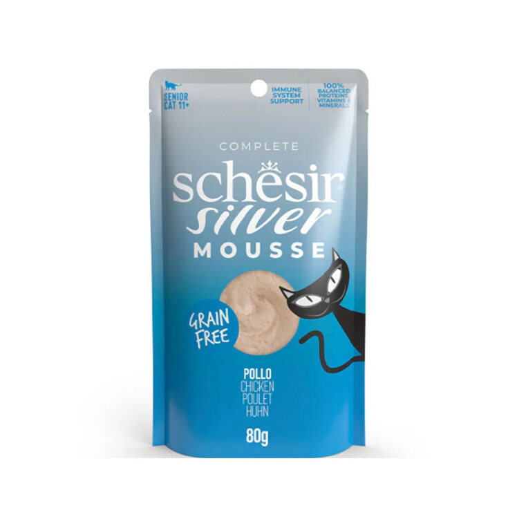عکس بسته‌بندی پوچ گربه سیلور شسیر با طعم مرغ Schesir Silver Mousse Chicken وزن 80 گرم