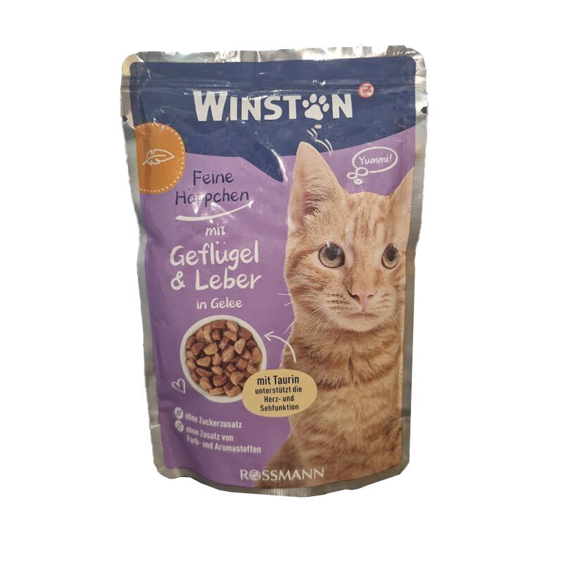  تصویر پوچ گربه وینستون با طعم مرغ و جگر در ژله Winston Poultry & Liver In Jelly وزن 100 گرم 