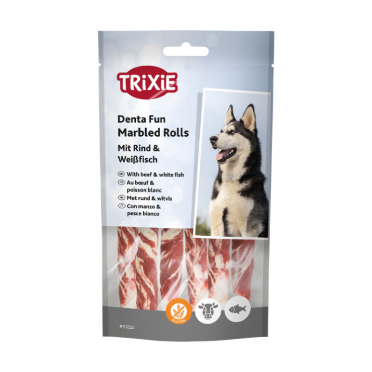 تصویر تشویقی سگ رولی تریکسی با طعم گوشت گاو و ماهی Trixie Denta Fun Beef & Fish Chewing Rolls وزن 70 گرم