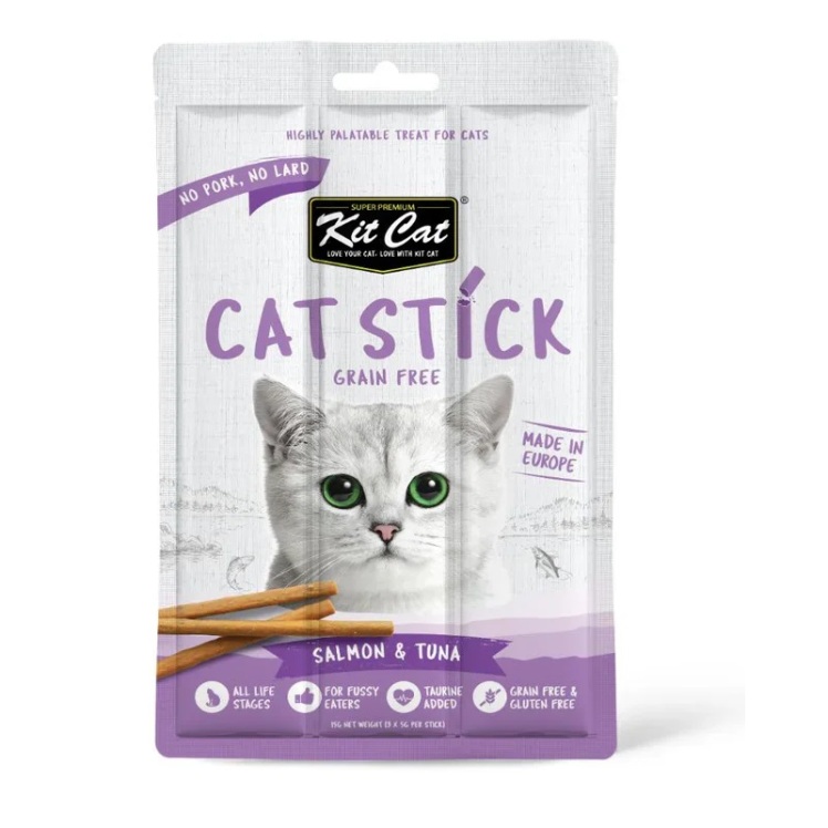 عکس تشویقی مدادی گربه کیت کت با طعم ماهی سالمون و تن ماهی Kit Cat Grain-free Cat Sticks With Salmon & Tuna وزن 15 گرم