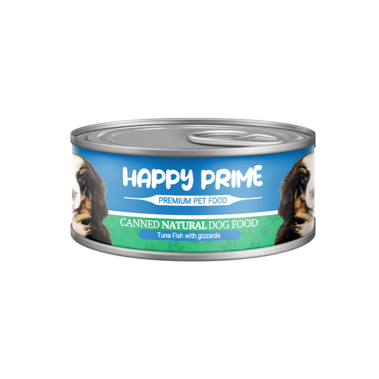 تصویر کنسرو نچرال سگ هپی پرایم با طعم ماهی تن و سنگدان وزن 180 گرم از نمای رو به رو