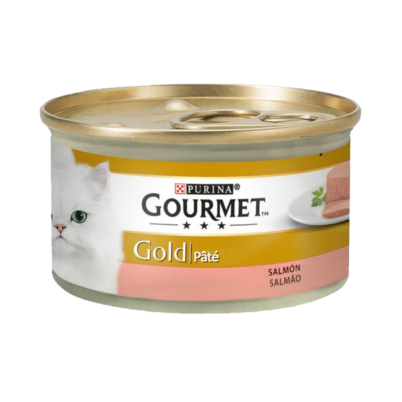  عکس بسته بندی کنسرو غذای گربه گورمت مدل Gold Salmon وزن ۸۵ گرم 