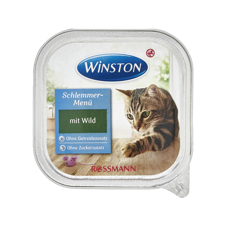 عکس روی بسته بندی غذای کاسه‌ای گربه وینستون مدل Prey meat وزن 100 گرم