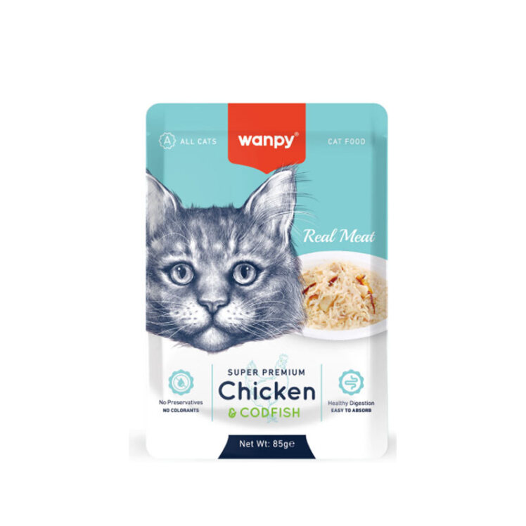 تصویر پوچ گربه با گوشت واقعی ونپی با طعم مرغ و ماهی کاد Wanpy Cat Pouch Chicken And Codfish بسته 12 عددی