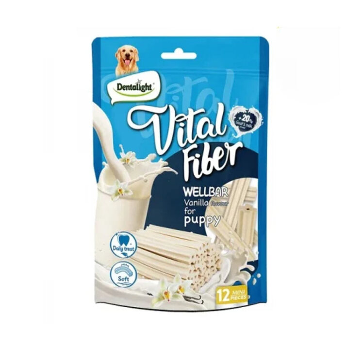 تصویر تشویقی توله سگ ویتال فیبر دنتالایت با طعم شیر بز و وانیل Dentalight Vital Fiber Wellbar بسته 12 عددی