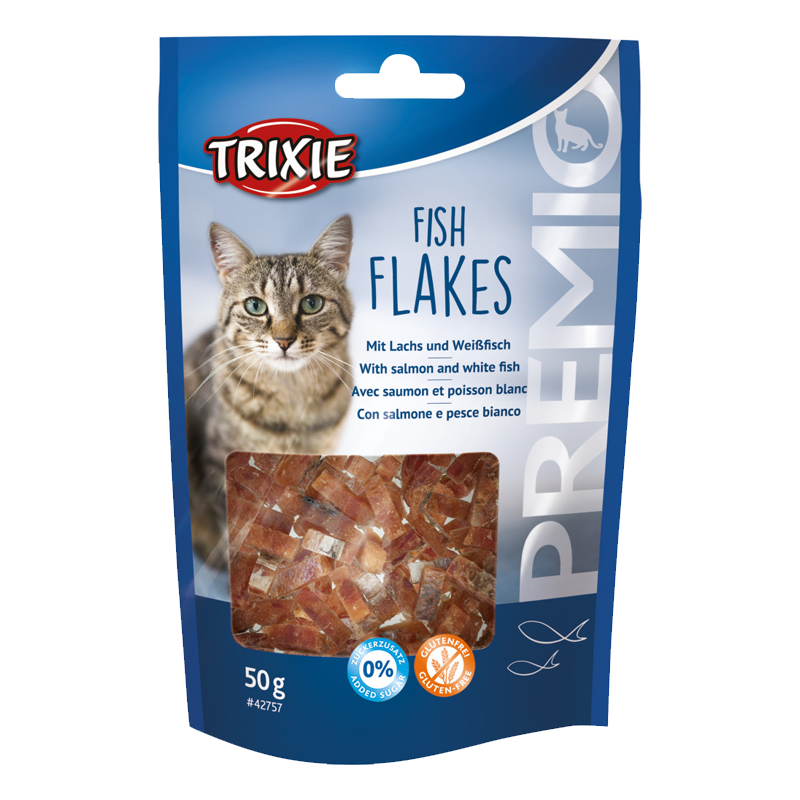  عکس بسته بندی تشویقی گربه تریکسی مدل Fish Flakes با طعم ماهی سالمون و ماهی سفید وزن 50 گرم 